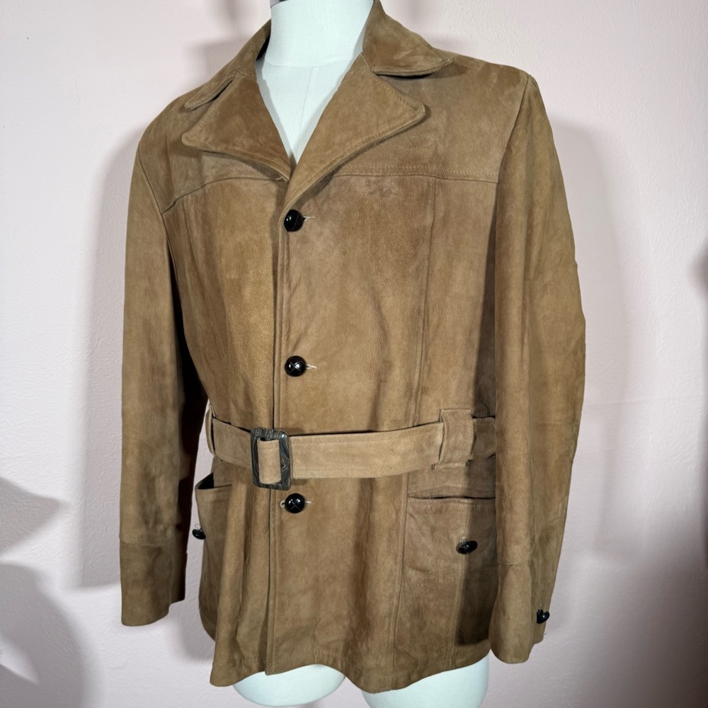 Vintage 1970’s Penny’s Towncraft Mod Camel suede Western Leather Belted car Coat